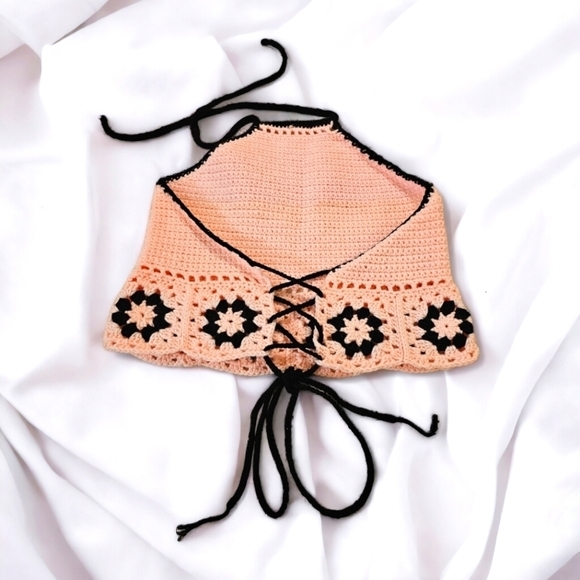 Handmade Crocheted Baby Pink Bikini Boho Halter Crop Top LG/XL - Picture 4 of 4